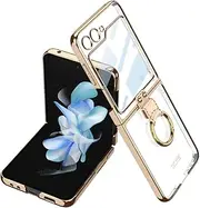 for Samsung Galaxy Z Flip 6 5 4 Case Electroplated Transparent Ring Holder with Screen Film Hard Cover for Z Flip5 Flip6,Transparent Gold,for Samsung Galaxy Z Flip 4
