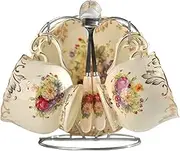Flowers Pattern Ivory Ceramic Tea Cup Set - Coffee Cup Set - Coffee Cup and Saucer Set,Pack of 2 with Silver Metal Holder