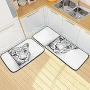 Cute Leopard Peeking Kitchen Mats for Floor, 2 Piece, Funny Cute Washable Non-Slip Kitchen Rugs Set for Home & Office, Sink, Laundry, 19.7” x 27.6” + 19.7” + 47.2”