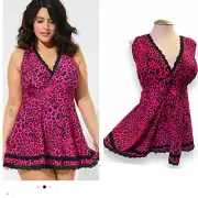 Torrid 2 2x 18/20 Pink Leopard Print Lace Trim Mid Wireless Swim Dress w/Briefs