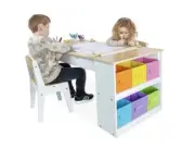 2-in-1 Kids Wooden Art Table and Art Easel Set w/ Chairs Paper Roll Storage Bins