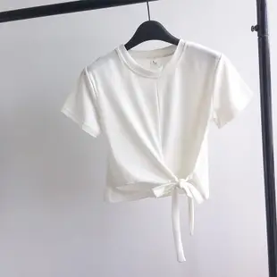 短版素色T恤女2023夏裝韓版綁帶小心機露肚學生短袖體恤緊身上衣