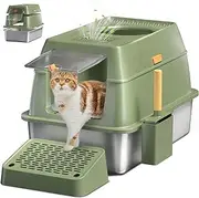 Stainless Steel Cat Litter Box with Lid, Large Enclosed High Sided Litter Box with Removable Lid, Carbon Filters -Odor Free, Easy Cleaning, Anti-Urine Leakage for Big Cats (Green)