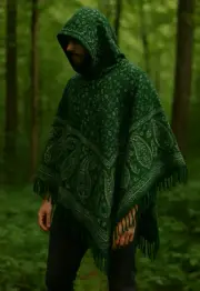 Unisex Green Hooded Fringed Poncho | Boho Paisley Cape Shawl | REG FIT 16-32