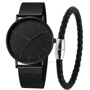 NNEOBA Men’s Ultra Thin Magnetic Bracelet Quartz Watch - All-Black Slim Mesh Steel