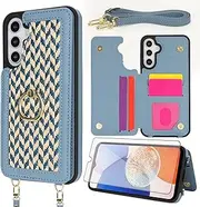 [Asuwish] Phone Case for Samsung Galaxy A14/M14 5G Wallet Cell Cover with Tempered Glass Screen Protector Ring Stand Card Holder Crossbody Lanyard Shoulder Strap A 14 4G 14A 14M G5 Women Girls Men Blue