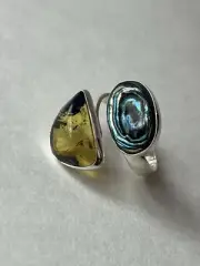 Amber & Abalone Shell Ring 925 Sterling Silver, Adjustable Size 7