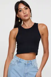 Black Tank Top Sleeveless Crew Neck Seamless - Size L, Women's Tank