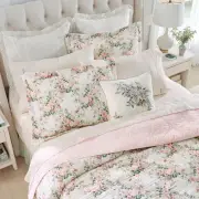NEW ~ COZY COTTAGE CHIC SHABBY WHTIE PEACH PINK GREEN ROSE LEAF SOFT QUILT SET