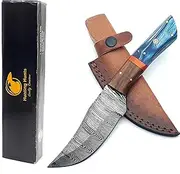 Hand Forged Damascus steel Fixed Blade Knife for Hunting/Skinning & Camping with Genuine Leather Sheath – Blue (HH-HK-BLU-004)