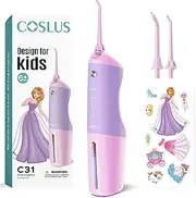 COSLUS Kids Water Dental Flosser Deep Cleaning Picks Portable 4 Modes for Ages 6+ Safe Waterproof Rechargeable with 4 Jet Tips for Gums Care Pink Purple