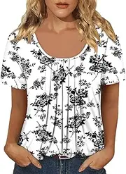 [onlypuff] Womens Flowy Tunic Tops Short Sleeve Shirts Round Neck Ladies Blouses Summer Fashon Trendy Top