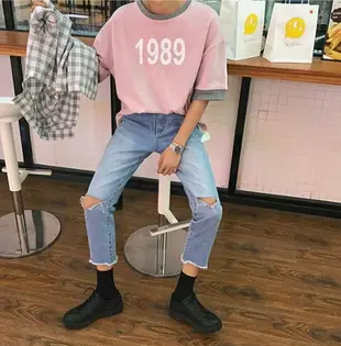 FINDSENSE MD 韓國 潮 男 時尚 休閒 寬鬆 五分袖 拼色 1989數字 短袖T恤 特色短T 數字T