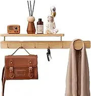 Oak Floating Shelves with Hooks, 50cm Solid Wood Wall Shelf, Coat Hooks Wall Mounted with Display Shelf for Bathroom, Bedroom, Living Room, Entryway, Office, Laundry Room Etc(70cm)