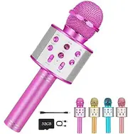 ROSY CLOUD Wireless Bluetooth Karaoke Microphone for Kids, 5-in-1 Portable Handheld Karaoke Mic Speaker Player Recorder with Adjustable Remix FM Radio for Kids Girls Boys (with 32G TF Card,Purple)