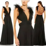 Mac Duggal 68113 Black Maxi Dress Plunge Neck Ostrich Feather Open Back Size 6