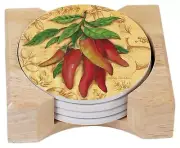 Counter Art Absorbent Stone Coasters Market Fresh Peppers Wooden Holder Gift