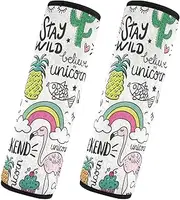 Car Seat Belt Pads Set of 2 Breathable Auto Seatbelt Shoulder Pad Camera Bag Strap Cover Car Accessories for Adults Youth Kids S Flamingo Unicorns Weekend Time Happy