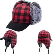 [HunterBee] Winter Men's Tartan Pilot Hat Aviator Ear Flaps Hat Red Black Grid Warm Trapper Hat Bomber Cap