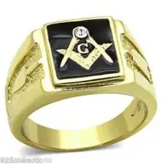 316 Stainless Steel Masonic Mason Black Enamel Clear Crystal Men Ring Size 8-14