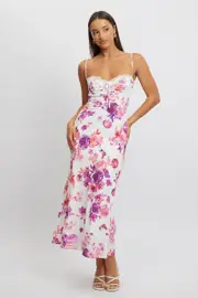 White Floral Maxi Dress Back Tie Satin - Size 16XL, Women's Maxi Dress