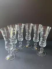 Floral Etched Cordial Port Stem Glasses Made In Romania Hand Blown Barware New