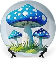Cartoon Blue Mushroom Bone China Decorative Plate Custom Photo Ceramic Decorative Plates Dishes with Display Stand Personalized Bone China Decorative Plate with Memorial Gifts for Home Bedroom