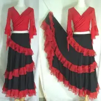 在飛比找蝦皮購物優惠-(現貨)紅邊紗黑色佛朗明哥舞裙層次裙襬奶絲裙腰圍25-30吋