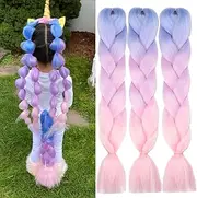 Pink Jumbo Braid Crochet Braids Hair Extension Three Tone Ombre Color Rainbow Jumbo Braiding For Twist Braiding (Light purple-Pink, 24in)