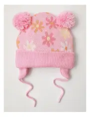 [Sprout] Floral Pom Pom Beanie in Pink
