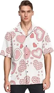[GuoChe] Hawaiian Button Down Shirt Short Sleeve Valentines Cute Hearts Bows Arrows Pink Sports ropa Casual para Hombre