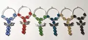 BEADED DRAGONFLY WINE GLASS CHARMS 6pc DRAGONFLIES - PERFECT GIFT IDEA