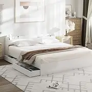 [OIKITURE] King Bed Frame with Bed Head Shelf and Two Drawers Pine Wood Frame Platform Bed, White