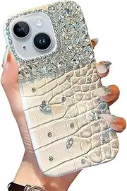 Miitoomo Bling Diamond Case for iPhone 15 Plus Glitter Shiny Case Cover,Slim Fit Aesthetic Leather Phone Case for Women(White,for iphone15 Plus)