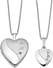 [JewelryWeb] 925 Sterling Silver Satin Back Spring-Ring Holds 2 photos Not engraveable Polished and-satin Diamond-Polished-Satin Love Heart Locket and Pendant Set 19.55mm Wide-Locket Necklace for Women