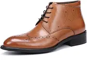 [Generic] Brogue Ankle Boot for Men High Top Boot Lace Up StyleGenuine Leather Carving Outdoors Round Toe Block Heel
