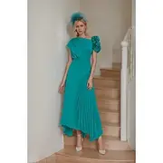 A-Line Wedding Guest Dresses Elegant Dress Formal Wedding Guest Ankle Length Short Sleeve V Neck Stretch Crepe with Pleats 2024