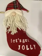 Let's Get Jolly Gnome Style 22" Red Tartan Plaid Christmas Stocking Beard NWOT