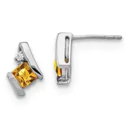 Sterling Silver Antique Cushion Citrine and Real Diamond Earrings