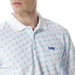 【Lynx Golf】男款吸濕排汗方型排列組合印花羅紋領造型長袖POLO衫/高爾夫球衫-白色