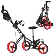 Costway Foldable Pro 3 Wheel Golf Buggy Adjustable Golf Push Cart Trolley w/Seat & Extra Storage,Red