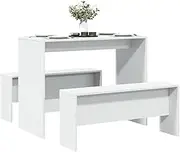 3 Piece White Dining Table and Bench Set - Engineered Wood, Dimensions: Table 97x47x75cm, Benches 92x23.5x40cm, 110kg Load Capacity, Includes Wall Attachment for Safety