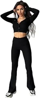 [RanRui] 2 Piece Outfits Lounge Set for Women -button down long sleeve crop top colllar Sweatsuit Pants suit Plane Outfits