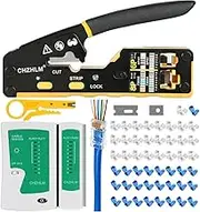 RJ45 Crimp Tool Kit Pass Through Crimper Ethernet RJ45 Crimping Tool Stripper Cutter Crimper All-in-One for 8P RJ45 Cat5e Cat6 Cat6a Crimp Tool 6P RJ11/12 Telephone Connectors with Cable Tester