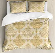 Vintage Duvet Cover Set with Pillow Shams Baroque Curved Flowers Print