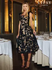 Lipsy Black Embelished Sequin Tie Prom Midi Premium Dress (AE6617) | $168