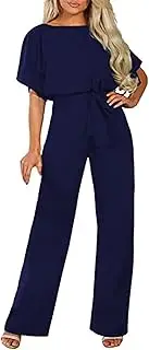 [AGUCEG] Women's Elegant Half Sleeve Lantern Sleeve Wide Leg Jumpsuit with Belt, blue, XX-Large