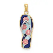 14k Yellow & Rhodium Gold Rhodium 3D Enamel Pink Flowers On Blue Stripes Flip-Flop Charm