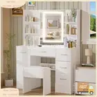 Dressing Table Vanity Set with LED Lighted Mirror 5 Drawers Stool For Bedroom