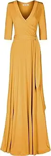 [Bon Rosy] Women's 3/4 Sleeve Deep V-Neck Maxi Faux Wrap Solid Plus Size Dress, Mustard, X-Large